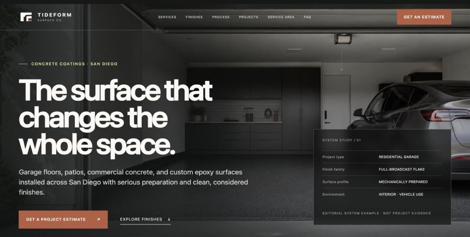 Tideform Surface Co. website homepage